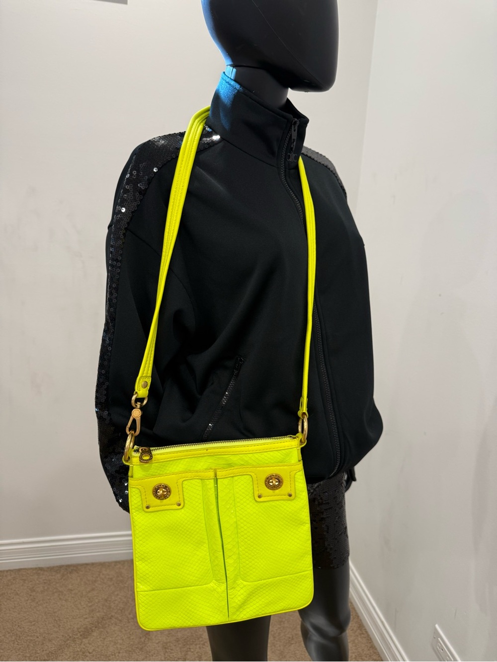 Marc by Marc Jacobs Neon Yellow Snake Embossed Crossbody Bag Gold Hardware